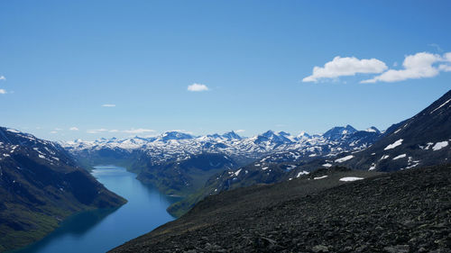 Scenic view of snowcapped mountains against blue sky