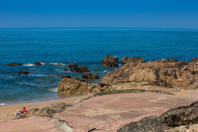 Scenic view of sea against clear blue sky