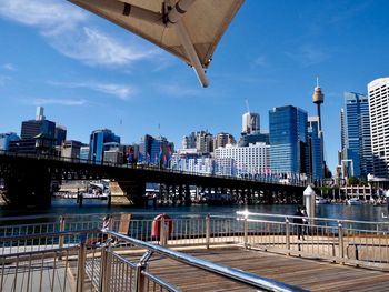 Bridge over river by buildings against sky in city