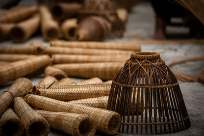 Close-up of stack of wicker basket