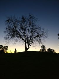 Silhouette bare tree on field against clear sky