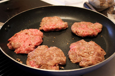 Close-up of meat in cooking pan