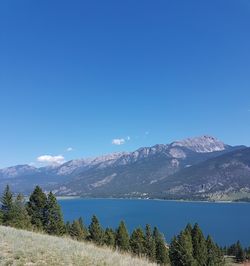 Scenic view of mountains against clear blue sky