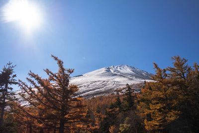 Scenic view of snowcapped mountains against blue sky