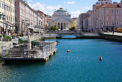 Gran canal with church of sant'antonio taumaturgo on the background in trieste, italy