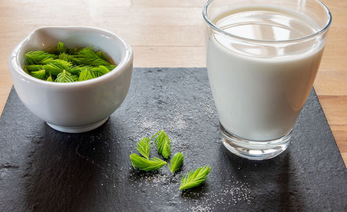 High angle view of drink on table