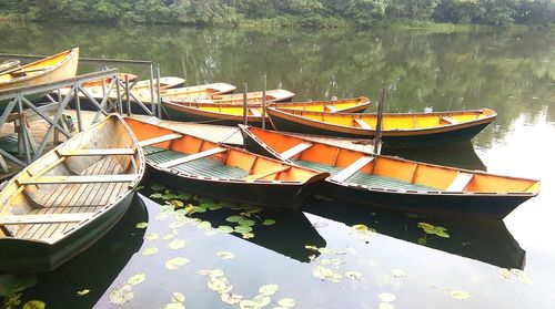 High angle view of boats moored on lake