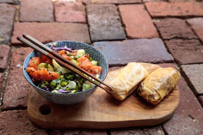 High angle view of food on cutting board