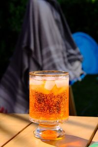 Close-up of beer glass on table