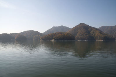 Scenic view of lake and mountains against sky