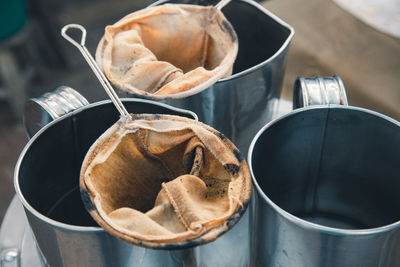 High angle view of bread in container on table