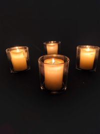 Close-up of lit candle in dark room