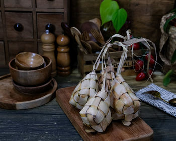 Close-up of eggs in basket on table
