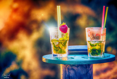 Close-up of beer glass on table