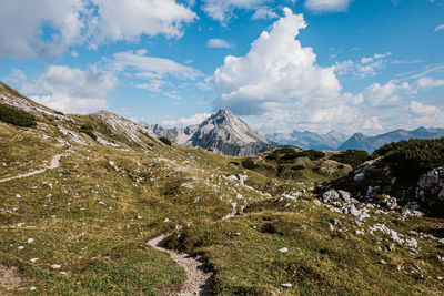 Scenic view of mountains against sky in kleinwalsertal.