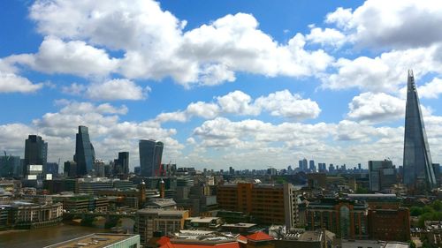 City skyline against cloudy sky