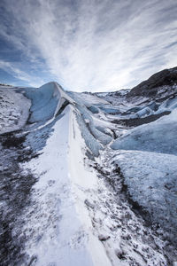 Scenic view of snow covered mountains against sky