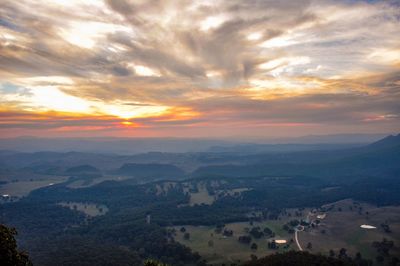 High angle view of townscape against sky during sunset