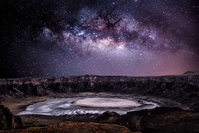 Scenic view of landscape against star field