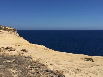 Scenic view of sea against clear blue sky