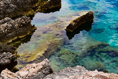 High angle view of rock formation in sea