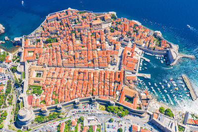 High angle view of city buildings