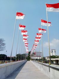 Low angle view of flags against clear sky