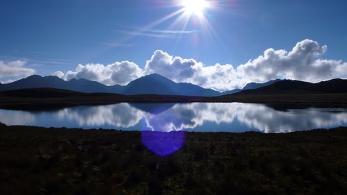 Panoramic view of lake and mountains against sky