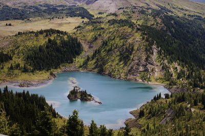 High angle view of lake and trees against sky