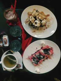 High angle view of breakfast served on table