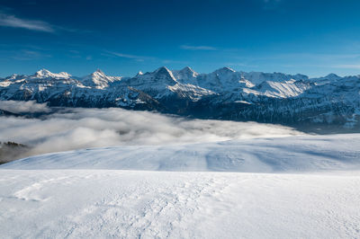 Scenic view of snow covered mountains against sky