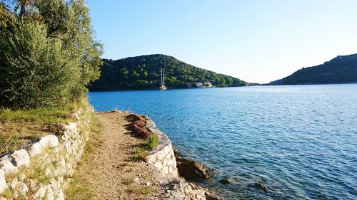 Scenic view of lake against clear sky