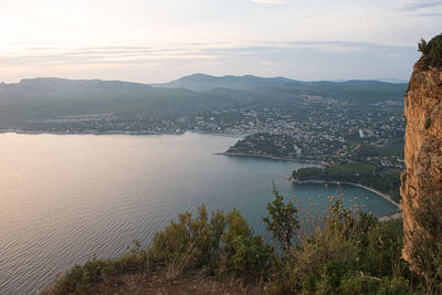 High angle view of bay against sky