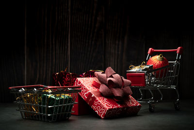 Christmas decorations in basket