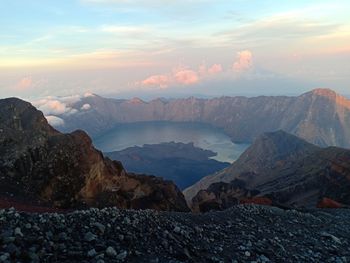 Scenic view of mountains against sky during sunset