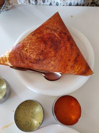 High angle view of breakfast served on table