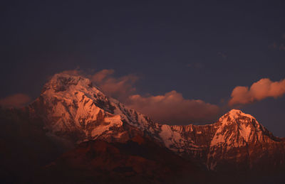 Scenic view of snowcapped mountains against sky during sunset