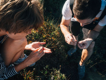 High angle view of people walking on land