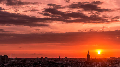 View of buildings against cloudy sky during sunset