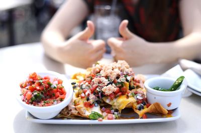 Close-up of food served on table