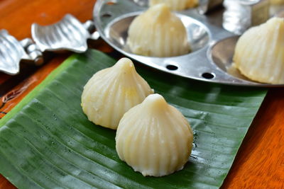Close-up of food served on table