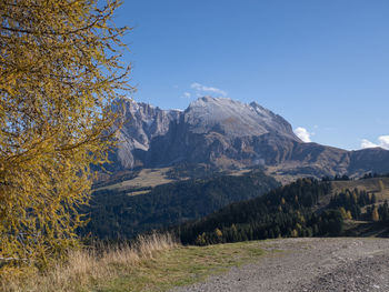 Scenic view of mountains against clear blue sky at seiser alm