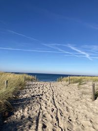 Scenic view of beach against blue sky