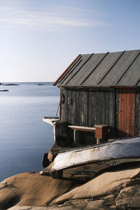 Built structure by sea against sky