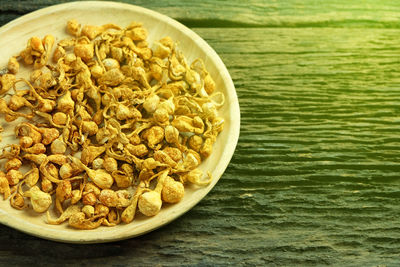 High angle view of breakfast served on table