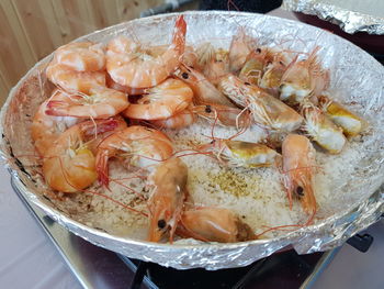 High angle view of seafood in container