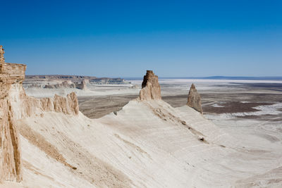 Scenic view of beach against clear blue sky