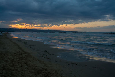 Scenic view of beach against sky during sunset
