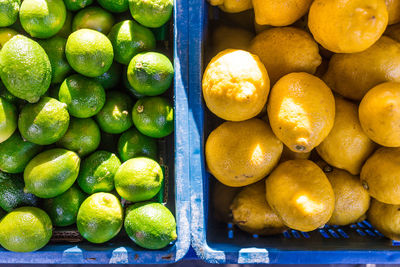 Directly above shot of green and yellow lemons in crates at market for sale