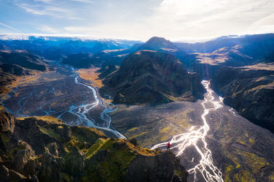 High angle view of aerial view of mountains against sky